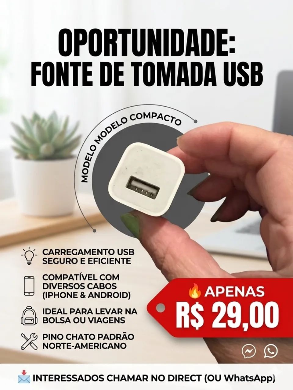 Fonte de Tomada USB Modelo Compacto 1 Porta