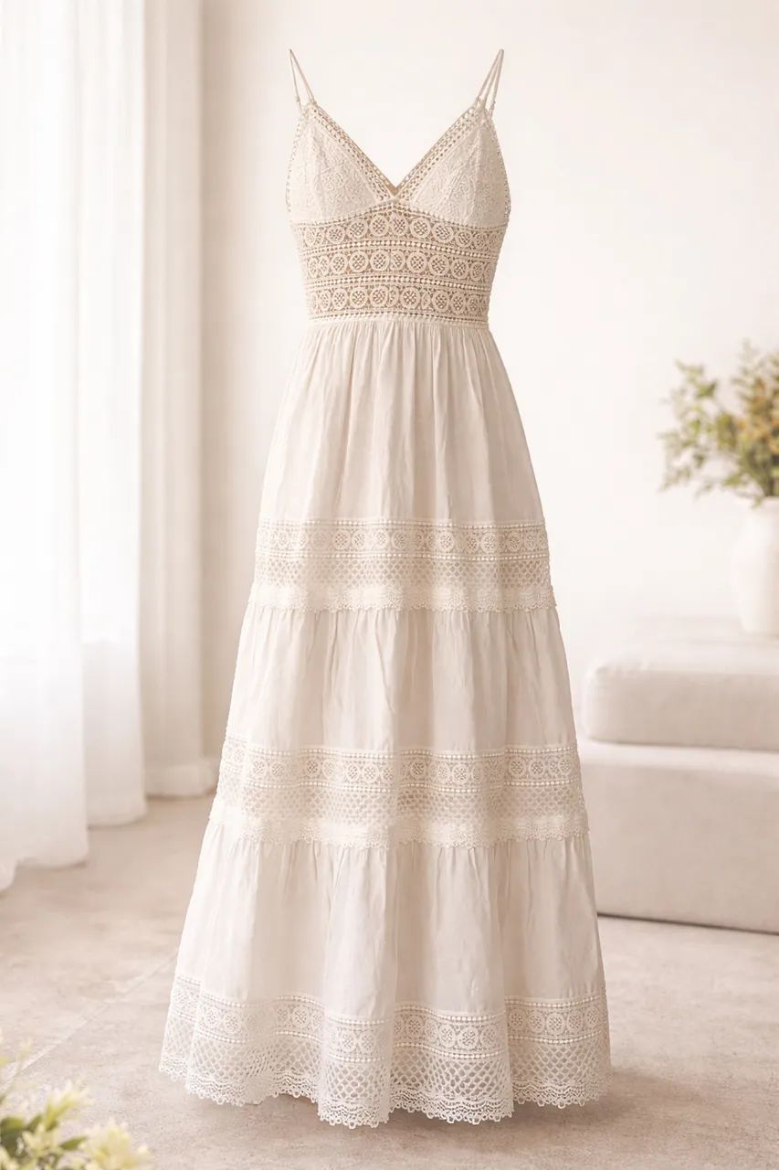 Vestido longo Branco em tecido leve e renda  - Foto 2