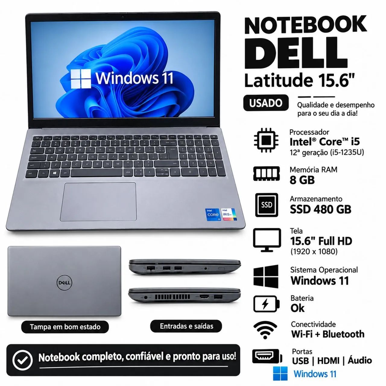 Notebook Dell i5 da 12 geração, 8gb, ssd 480gb, Windows 11