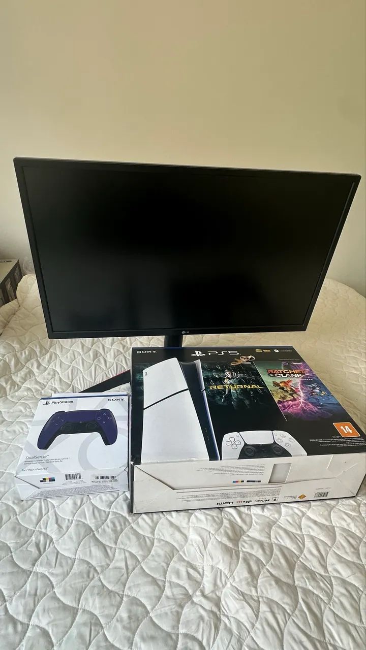 PS5 + Monitor LG 240Hz + 2 Controles (1 Roxo) + Teclado e Mouse