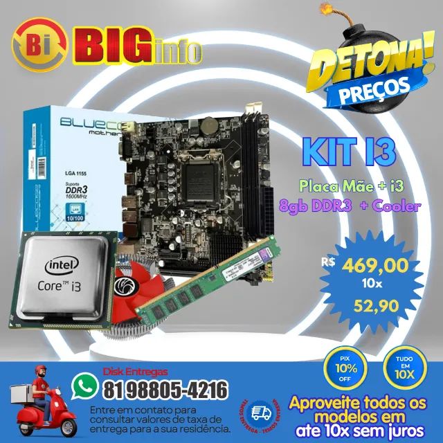 Kit Upgrade, Intel i3, Placa Mãe + Memória DDR3 8GB + Processador i3 