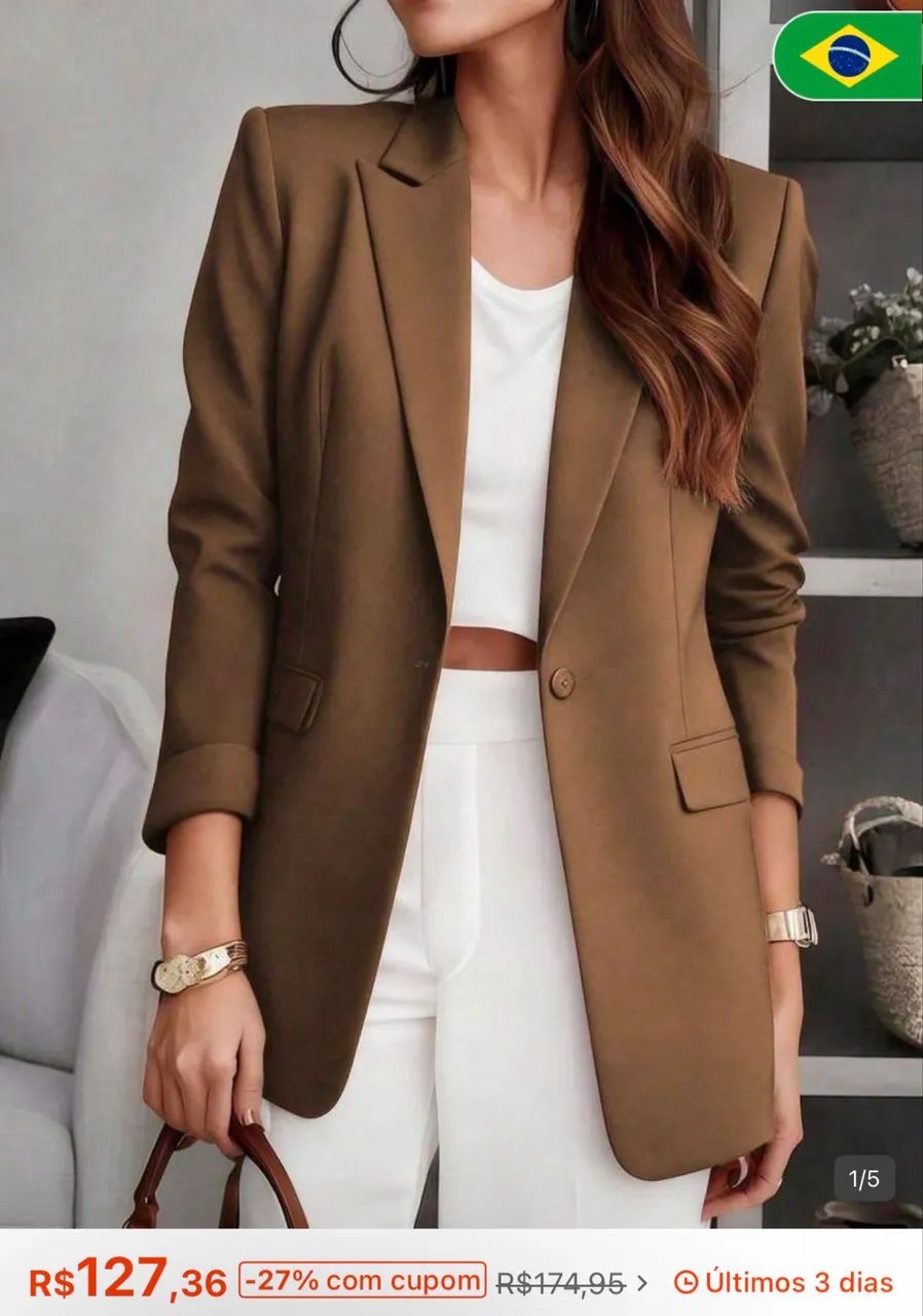 Blazer Feminino de Cor Sólida com Lapela Entalhada com botões frontais  - Foto 2