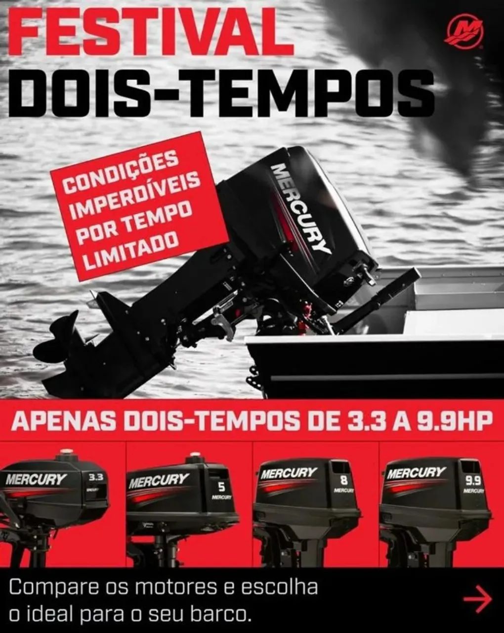 Mercury 3.3 HP, 5 HP, 8 HP e 9.9 HP - Motor de Popa Novo