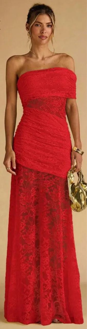Vestido renda com elastano, vermelho, M/G, novo