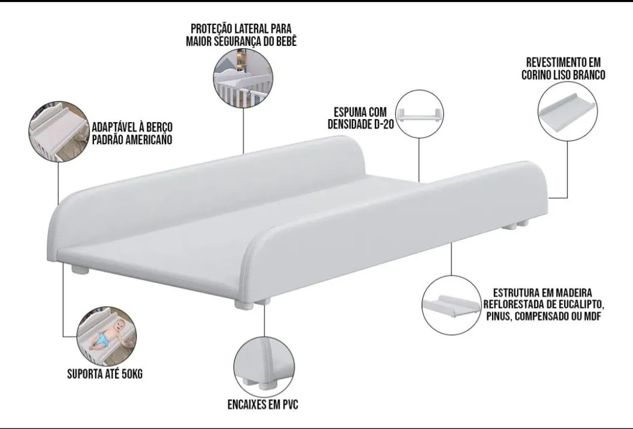 Trocador de Fraldas Almofadado Berço Corino Branco Liso - Foto 5