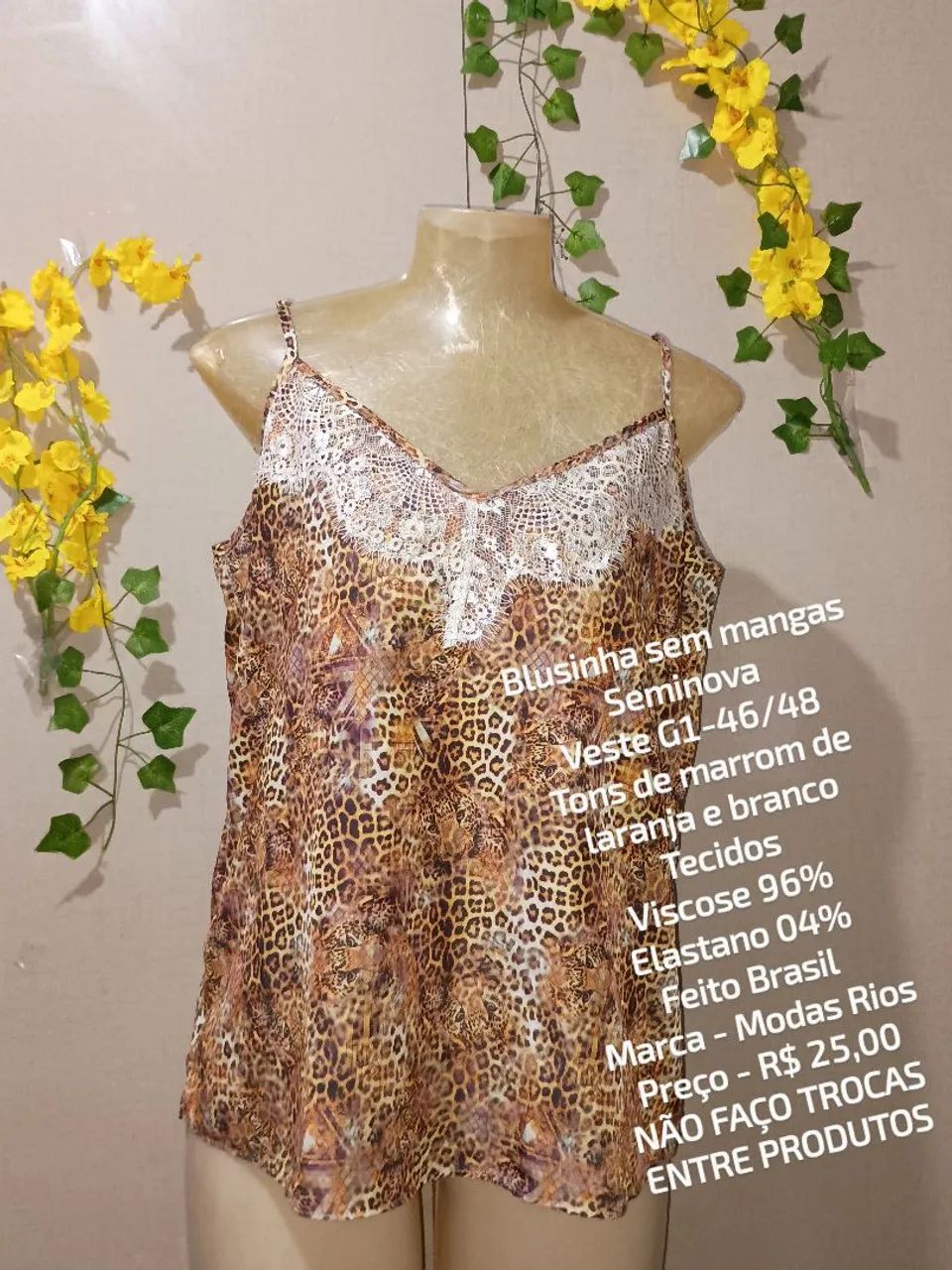 Blusa de Alça estampa de leopardo com renda - Foto 4