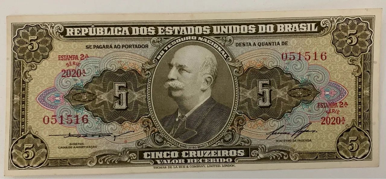 CÉDULA DE CINCO CRUZEIROS - BARÃO DO RIO BRANCO