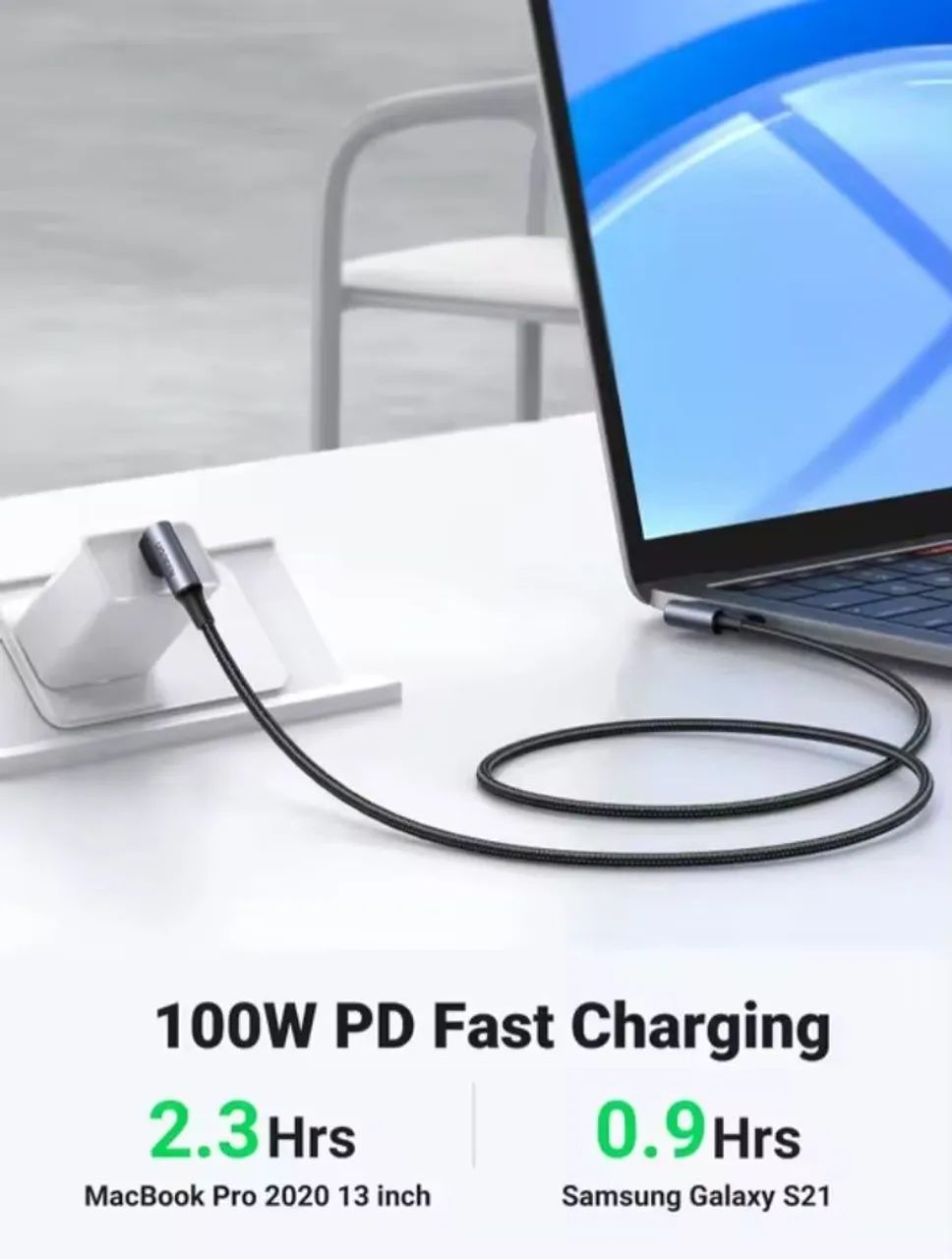 Cabo USB-C para C UGREEN 5A PD100W 90° 2M - Foto 3