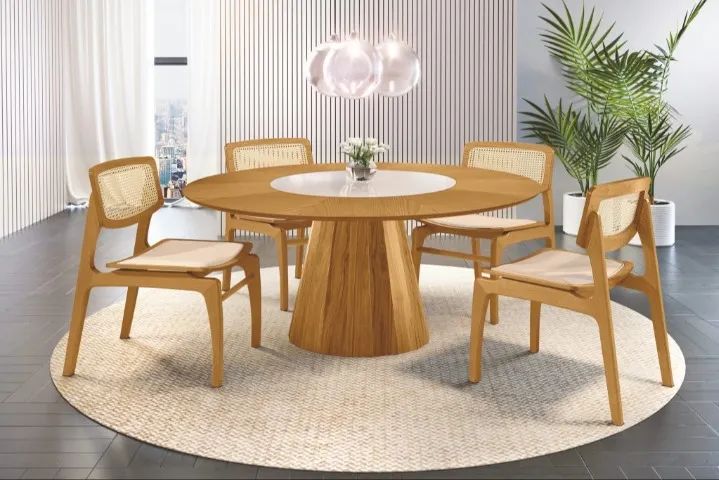 Mesa de Jantar Allure com Prato Giratório com 4 Cadeiras Perola com Telinha 150x150