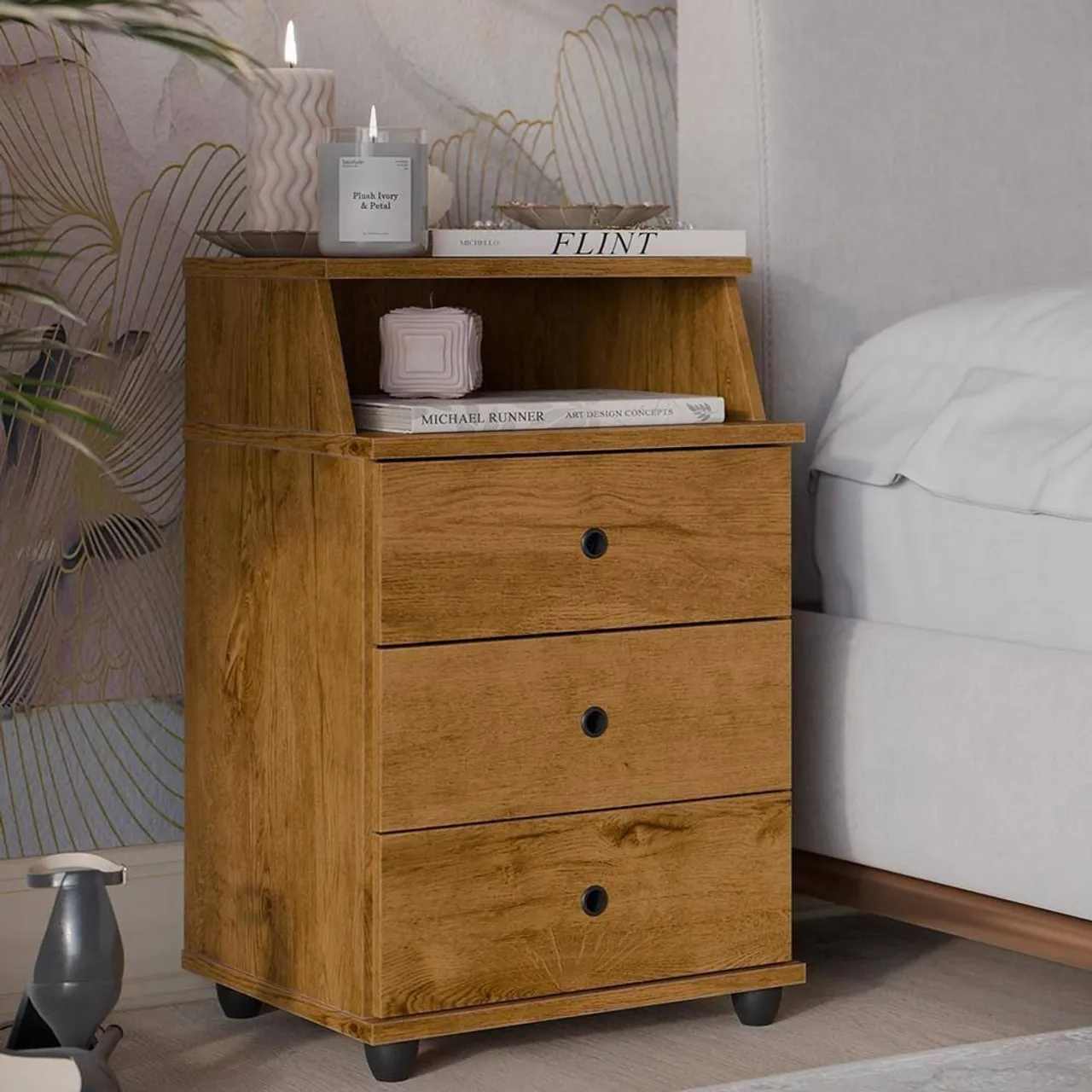 Mesa de Cabeceira Quarto Luxo New com 3 Gavetas Freijó Ej