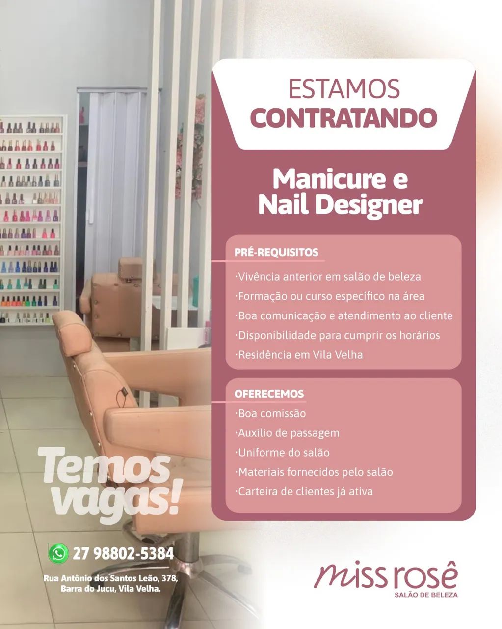 Vaga manicure/ Nail designer (unha em gel)