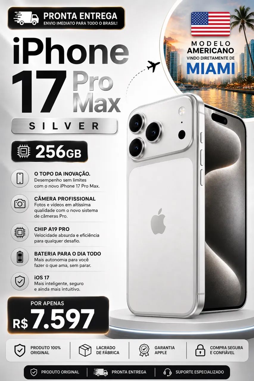 iPhone17ProMax512GBシルバー 完全新品未開封 iPhone 17 Pro Max, Silver/Prata, 256GB, Americano - Celulares e