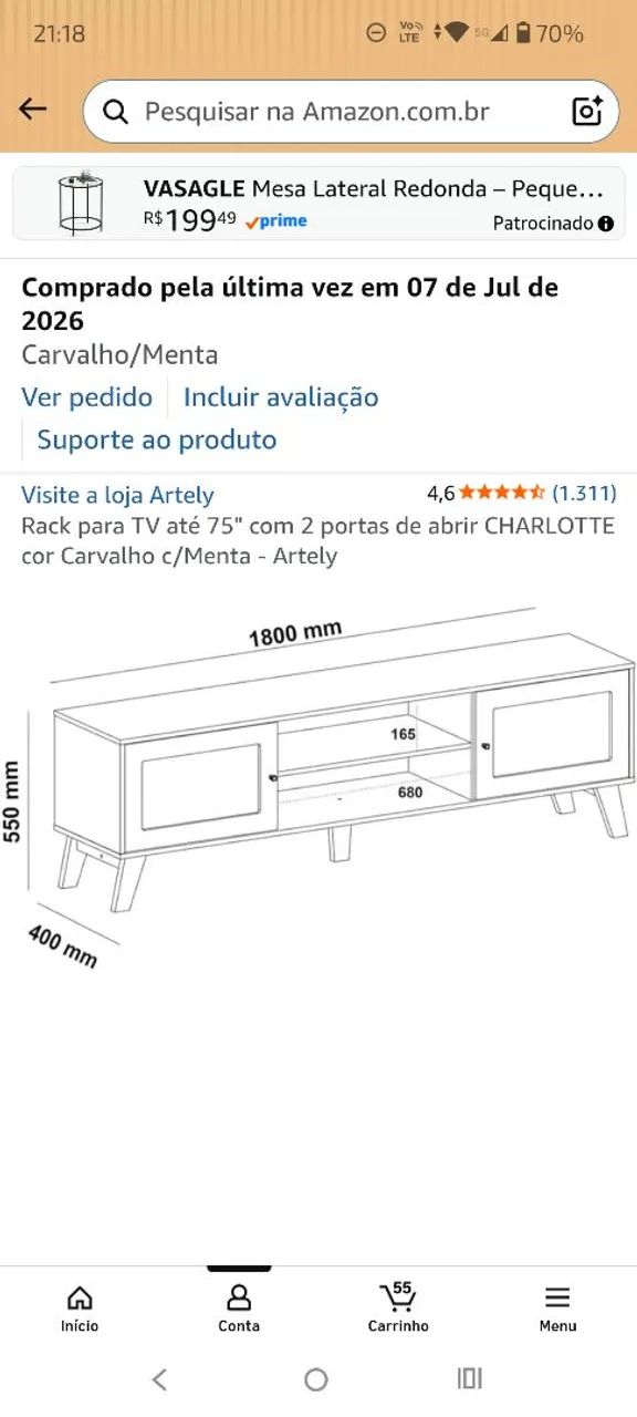 Vendo Rack para tv até 75 polegadas Charlotte duas portas de abrir cor carvalho e menta  - Foto 4