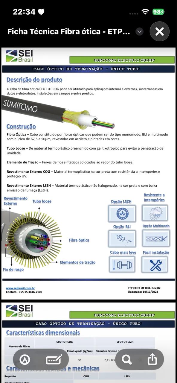 CABO DE FIBRA OPTICA CFOT-MM50-UT 04F LSZH (OM2) - SUMITOMO