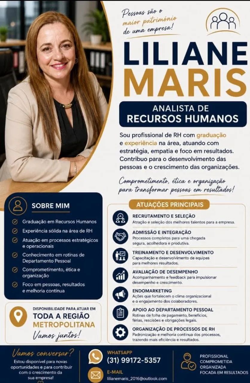 Sou Profissional de RH com experiência,disponível para BH e Vespasiano