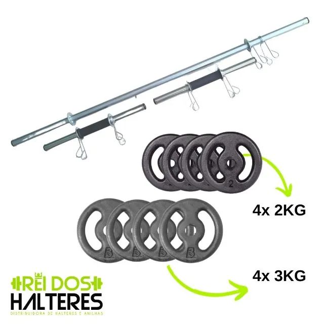 Kit Treino #1 - 20KG Anilhas Pintadas + Barras Musculação Ocas por R$ 299,90