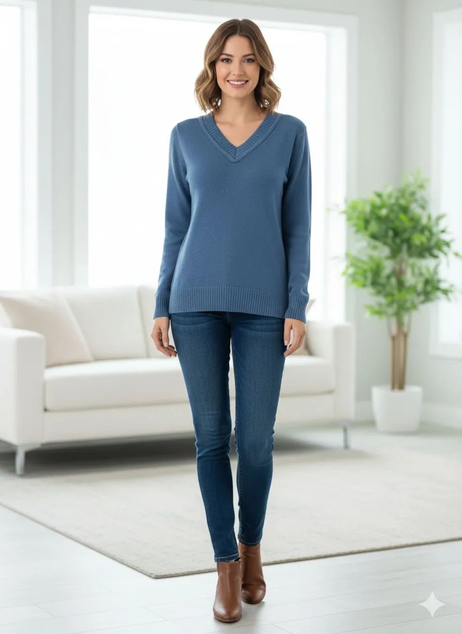 Blusa Tricot elastano básico em V Azul jeans  - Foto 4