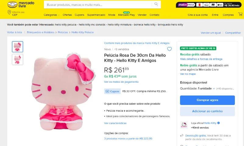 Boneca Pelúcia HelloKitty SANRIO USA - Foto 4