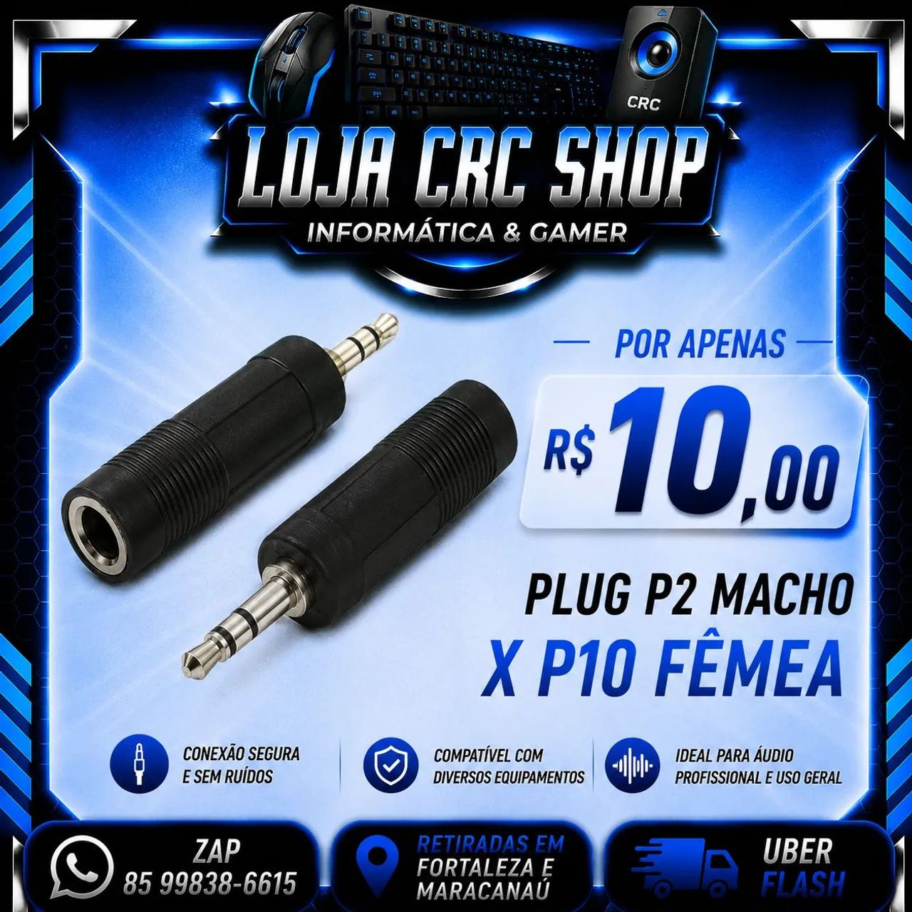 Plug Adaptador P2 Macho x P10 Fêmea