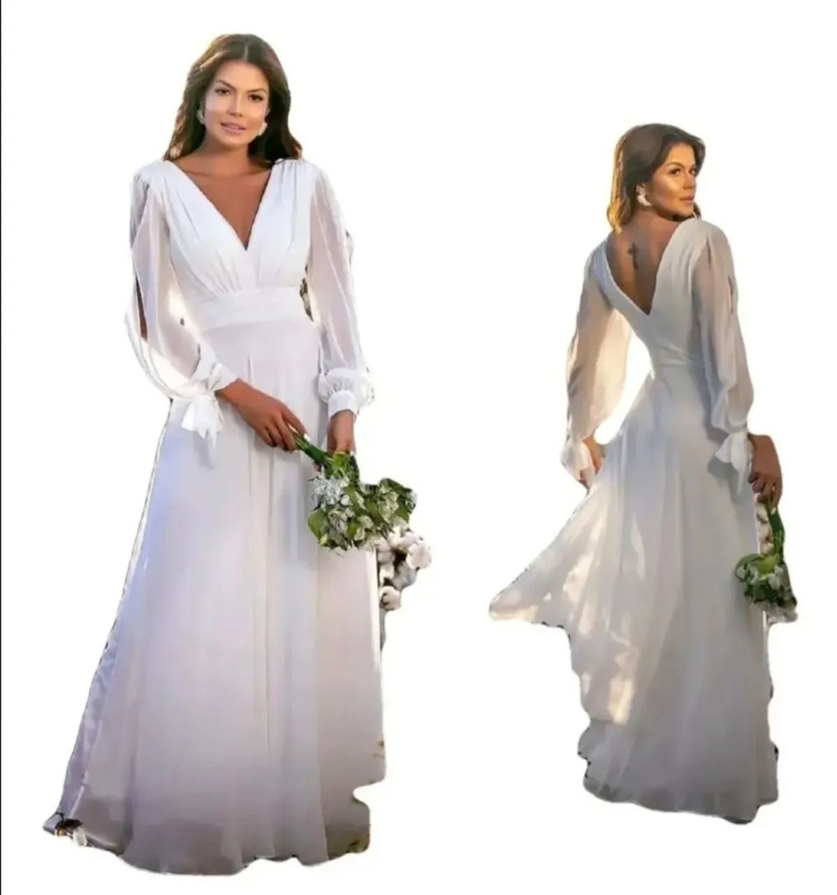 Vestido de noiva longo manga longa com decote V - Foto 2