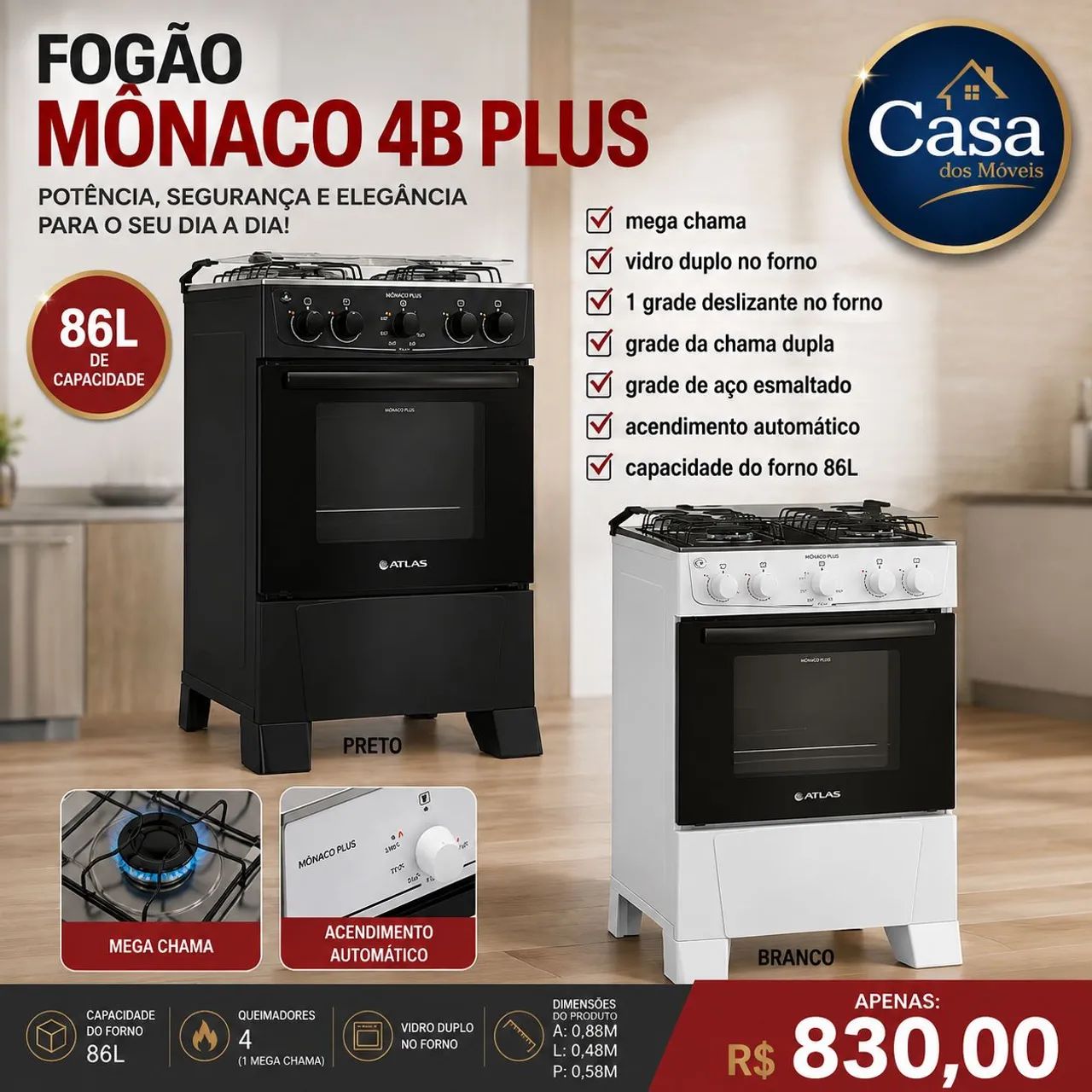 Fogão Mônaco 4 bocas plus 