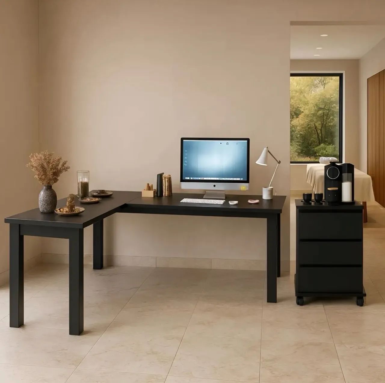Mesa em L preta com gaveteiro, escritório e home office - Foto 4