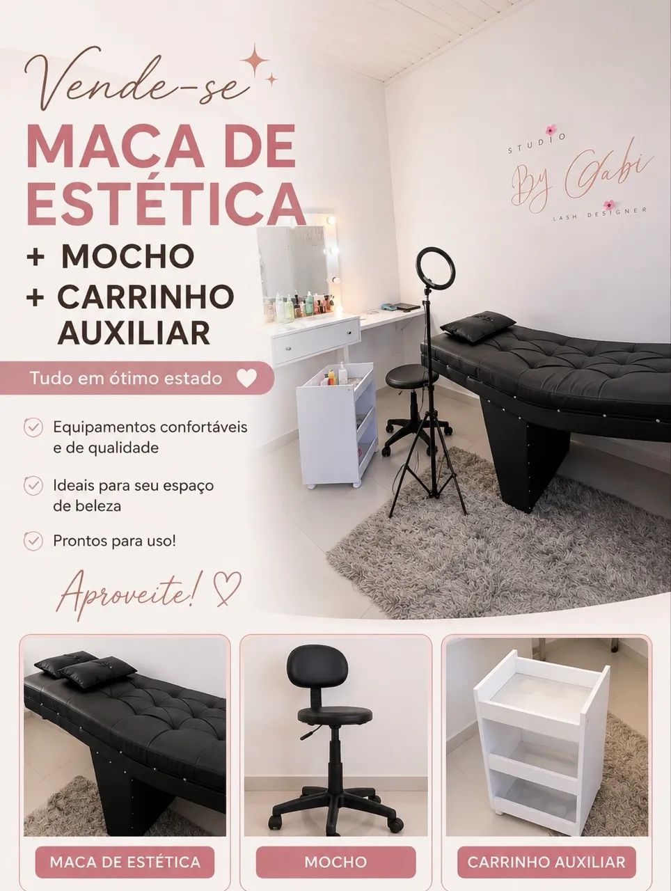 Vende-se maca de studio + mocho+ carrinho auxiliar 