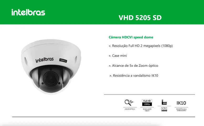 Câmera Intelbras Mini Speed Dome - 2.8mm - Full HD - Série 5000 - VHD 5205 SD