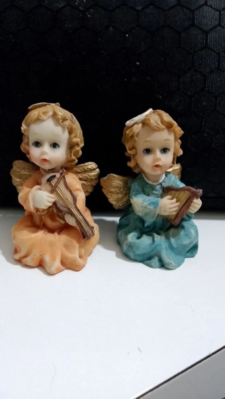 Dupla anjinhos músicos gêmeos retrô bibelô decoração