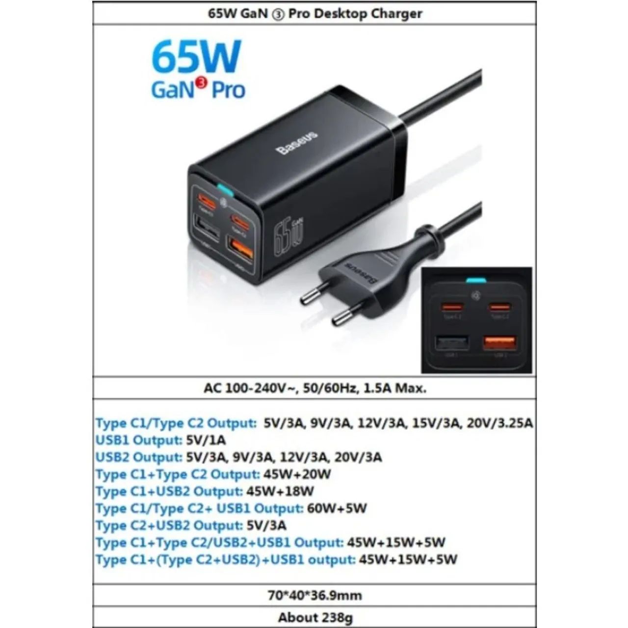 Carregador Baseus GaN 65W 2USB+2 Tipo-C - Foto 2