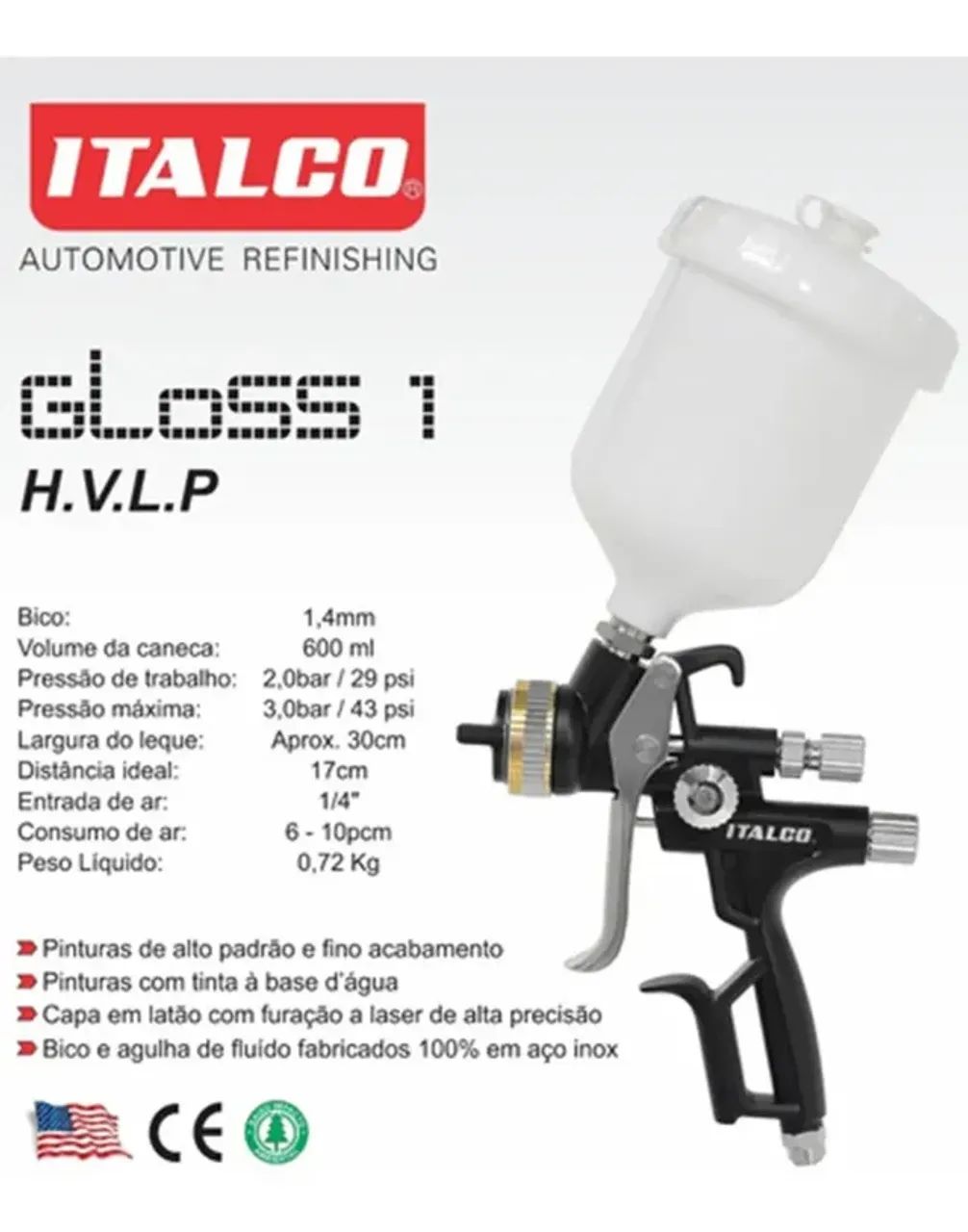 PISTOLA DE PINTURA HVLP PRETA 600ML 1,4MM ITALCO - GLOSSX1 HVLP - Foto 3