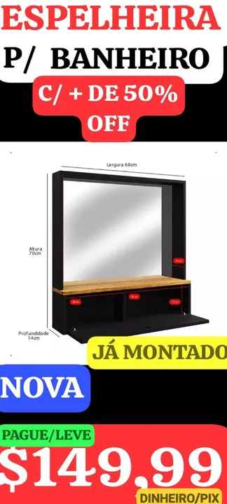 Espelheira para Banheiro com Armário - 68cm - Já Montado