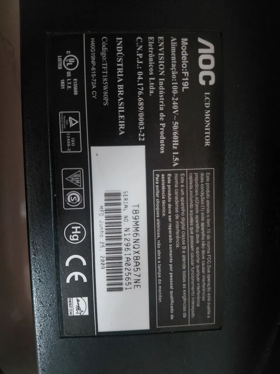 MONITOR AOC F19L, que possui 18,5 polegadas - Foto 4