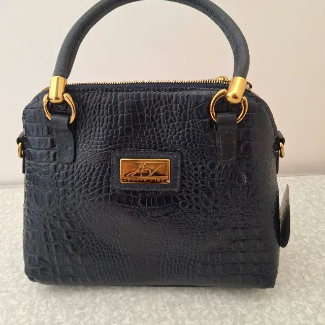 Bolsa Baú Couro Croco Donna Azul - Nova c/ Detalhe