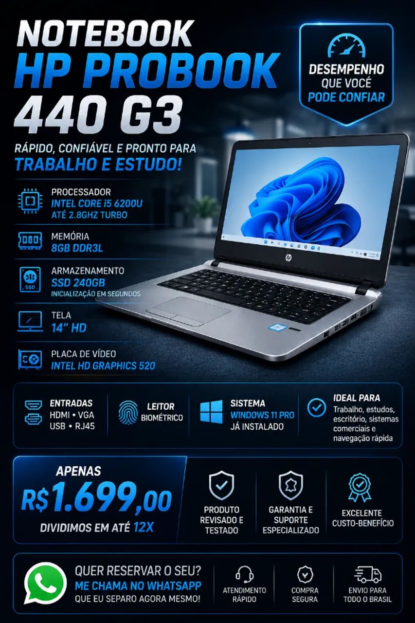 Notebook HP ProBook 440 G3 i5 8GB SSD 240GB Windows 11
