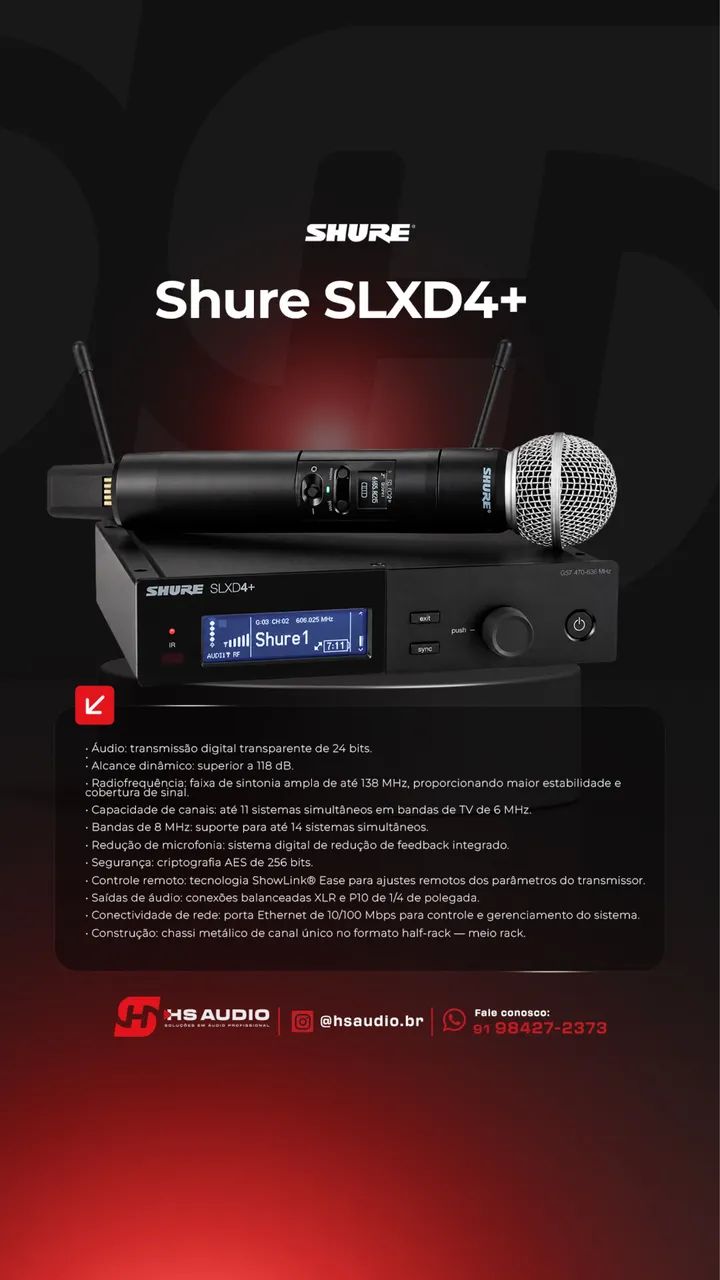 Microfone Sem Fio Shure SLXD4+ Digital Profissional 