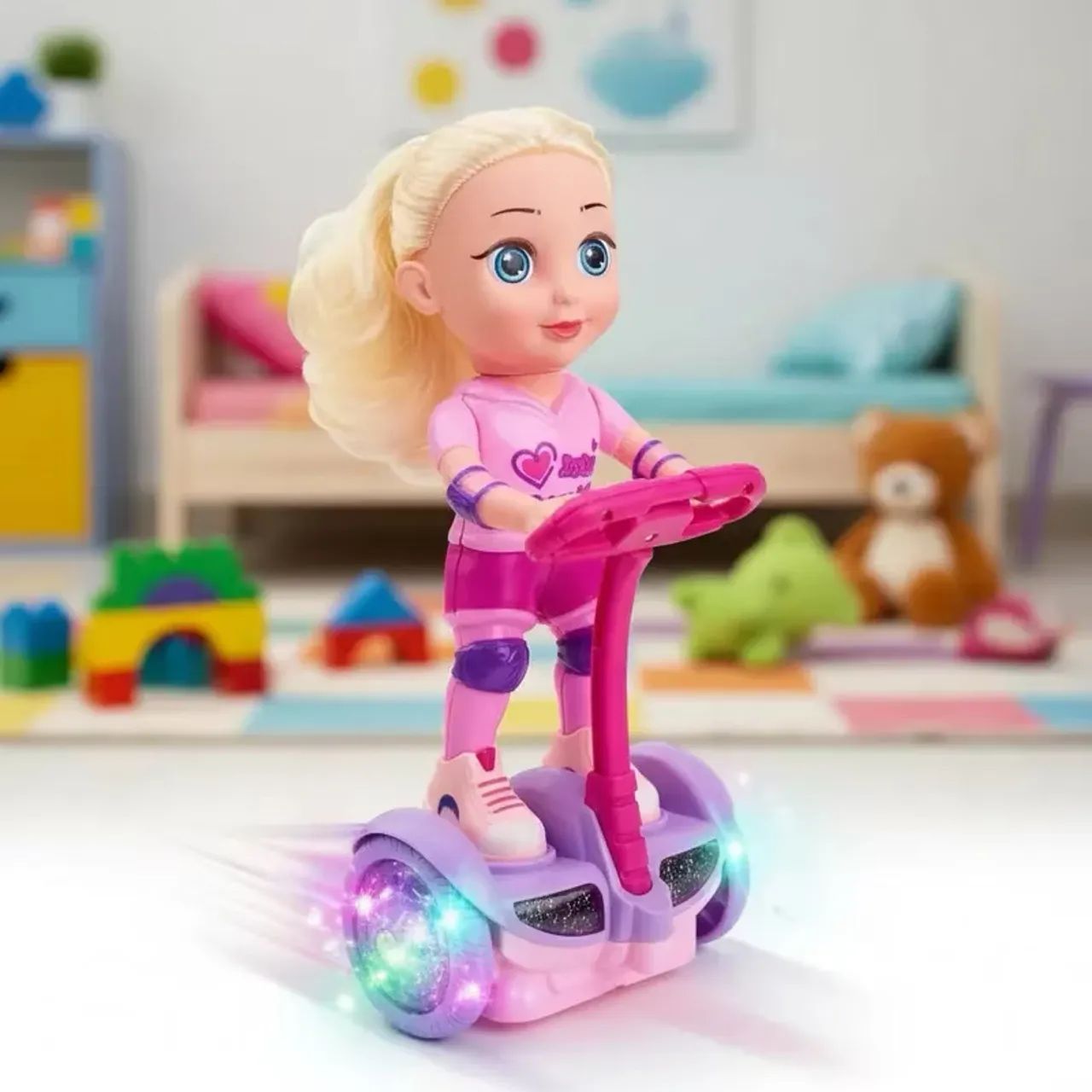 Boneca Com Patinete Hoverboard Giratório Som Luz Bate Volta 