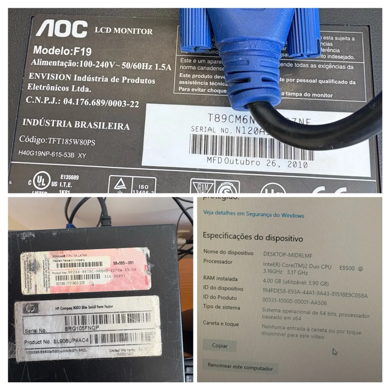 Computador HP Compaq 8000 Elite + Monitor AOC F19