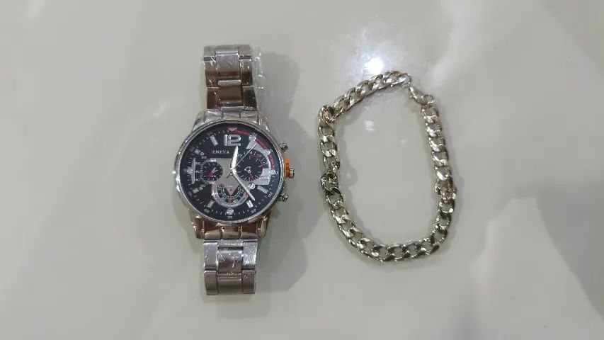 Relogio Geneva Analógico e Data de Aço Prata + Pulseira de Brinde Novo - Foto 3