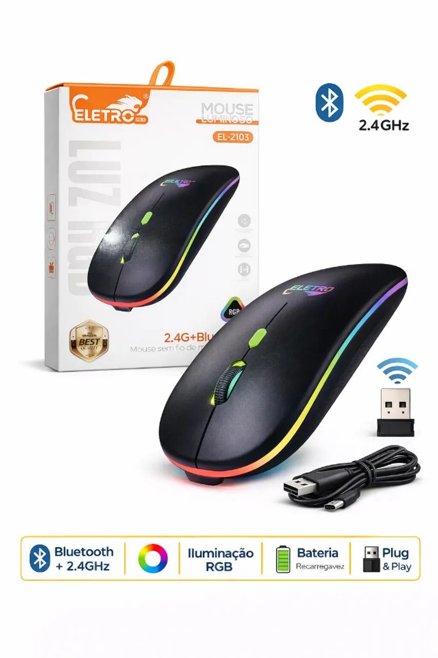 Mouse Sem Fio RGB Eletro EL-2103 Bluetooth + 2.4GHz Recarregável DPI Ajustável Ergonômico - Foto 2