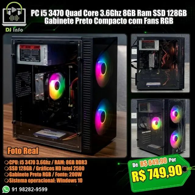 PC i5 3470 Quad Core 3.6Ghz 8GB Ram SSD 128GB Gabinete Preto Compacto com Fans RGB