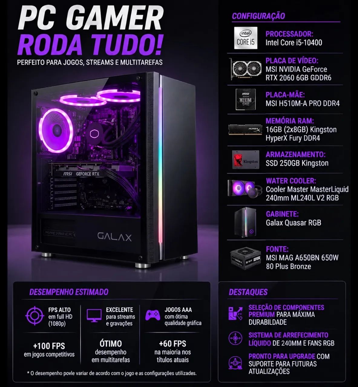 Pc gamer i5 10a geração + 2060 + 16gb RAM