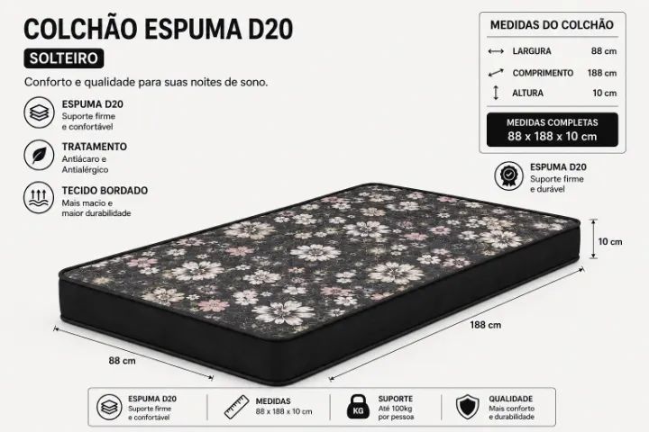 Colchão Espuma D20 88x188 Altura 10cm 