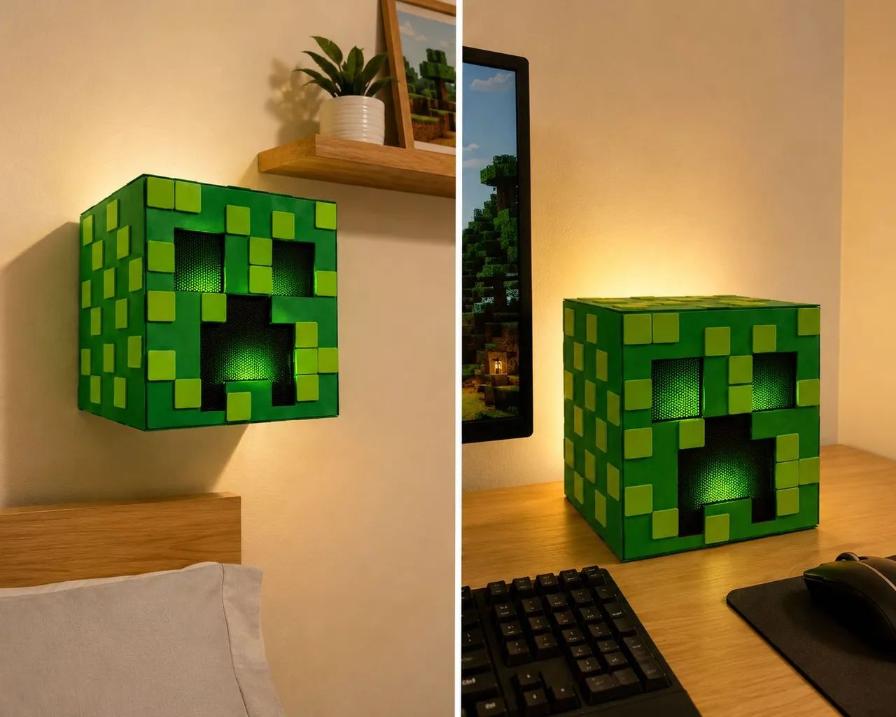 Cabeça Creeper Minecraft com LED Verde - Luminária 20cm.