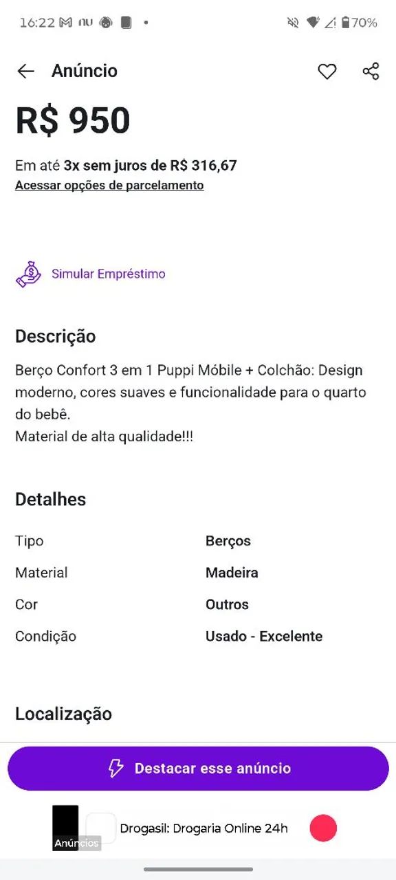 Berço Confort 3 em 1 Puppi Móbile - Foto 2