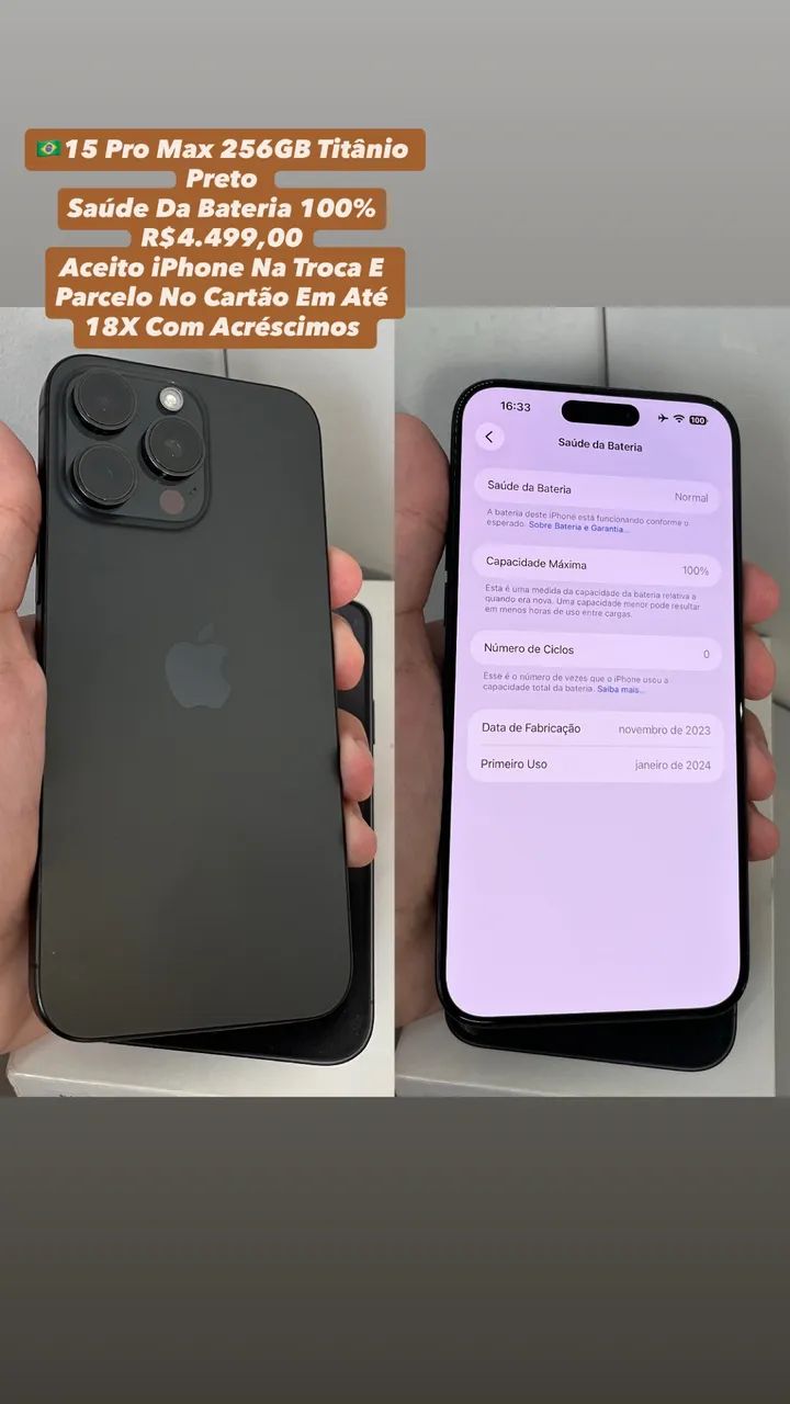 iPhone 15 Pro Max 256GB Titânio Preto - Usado / Em Ótimo Estado
