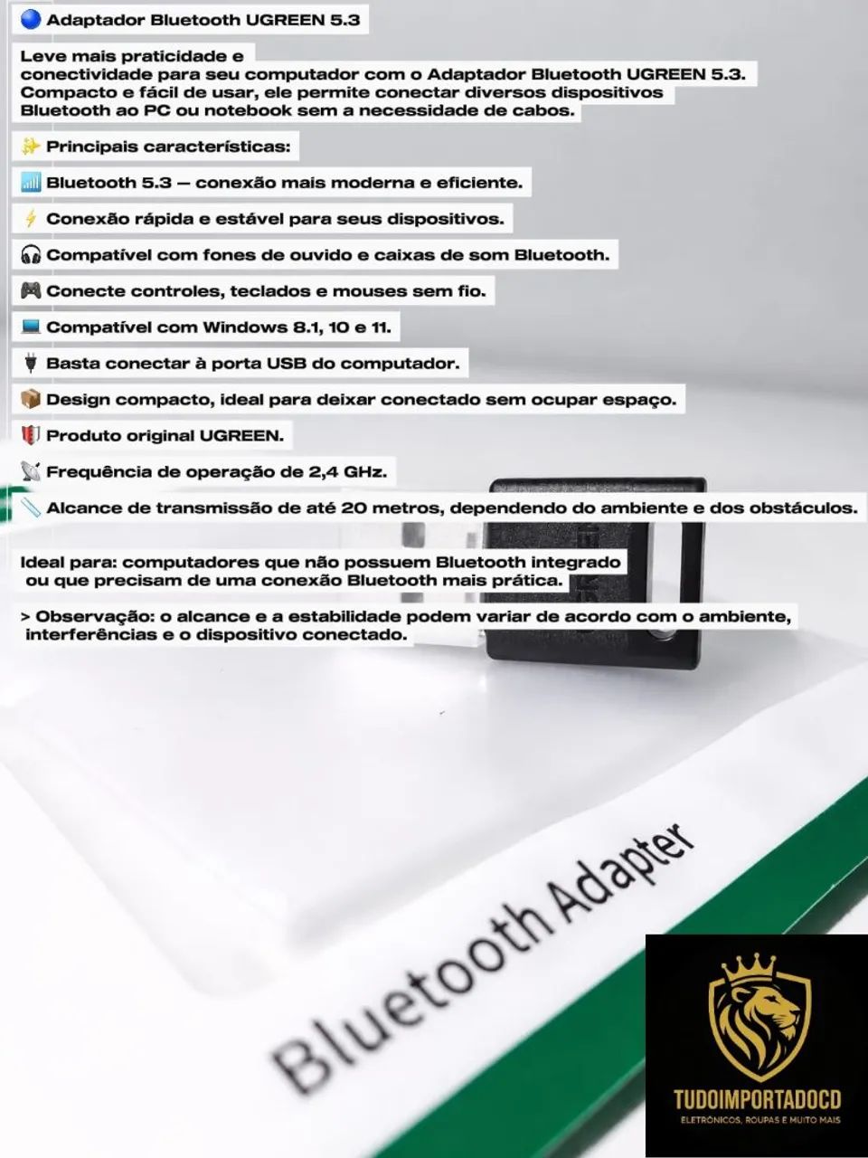 Adaptador Bluetooth UGREEN 5.3, Compatível com Windows 8.1,10,11. Entrega em toda JP  - Foto 3