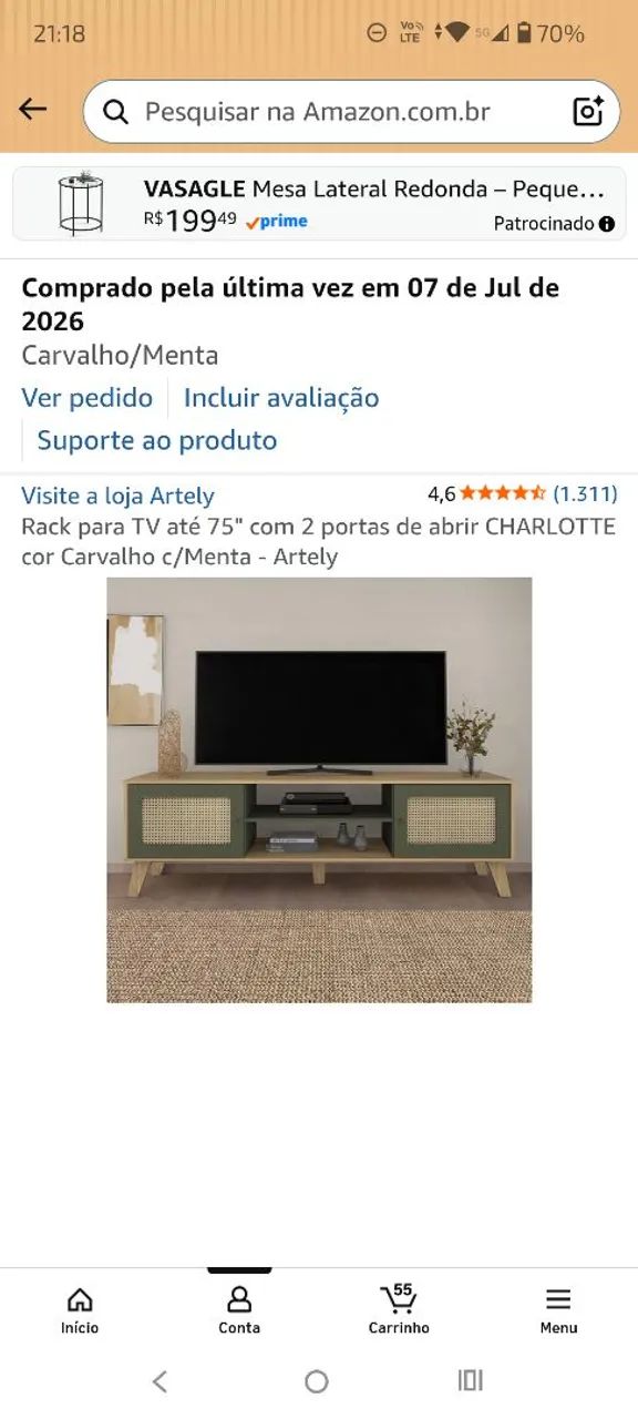 Vendo Rack para tv até 75 polegadas Charlotte duas portas de abrir cor carvalho e menta  - Foto 5