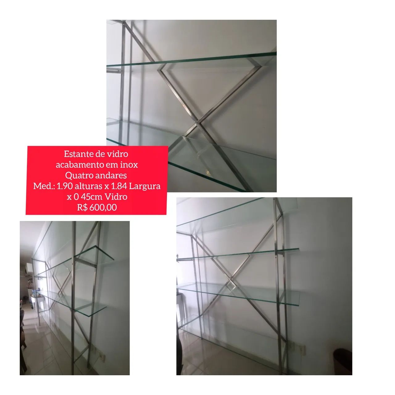 Estantes de vidro com base inox 