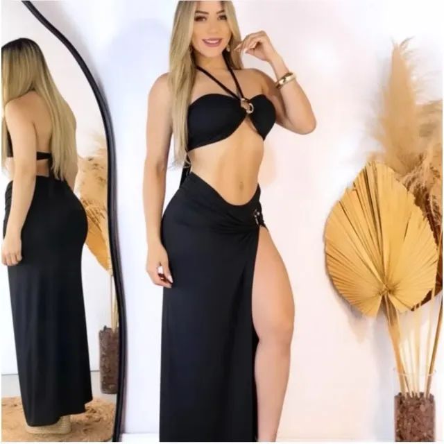 Conjunto Biquíni saia longa com fenda 